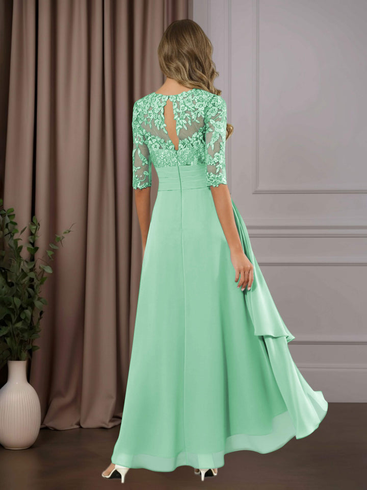 Chiffon Lace Midi Dress - Mother of the Bride Half Sleeve A-Line
