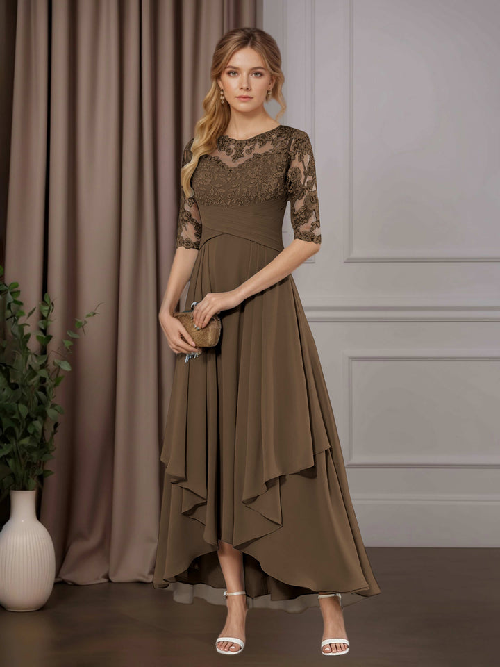 Chiffon Lace Midi Dress - Mother of the Bride Half Sleeve A-Line