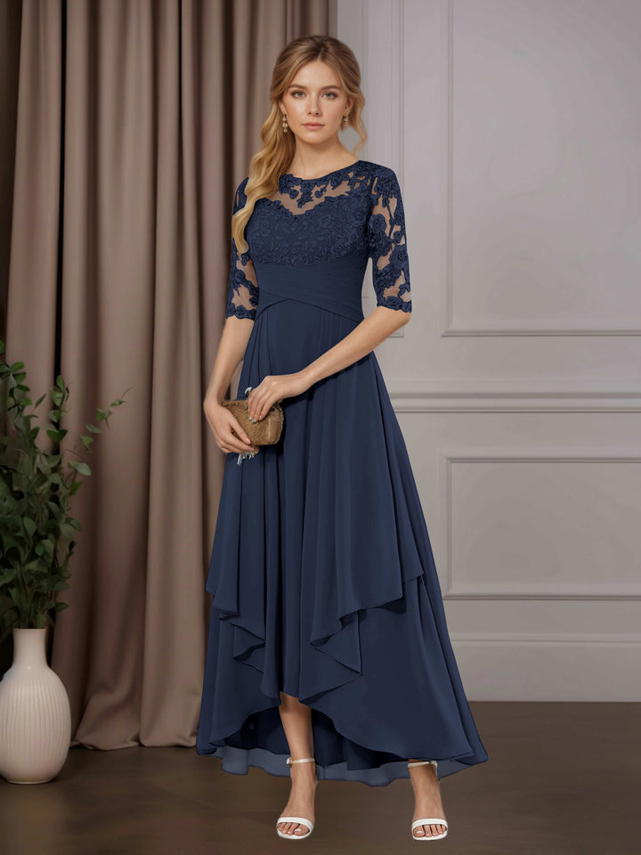 Chiffon Lace Midi Dress - Mother of the Bride Half Sleeve A-Line