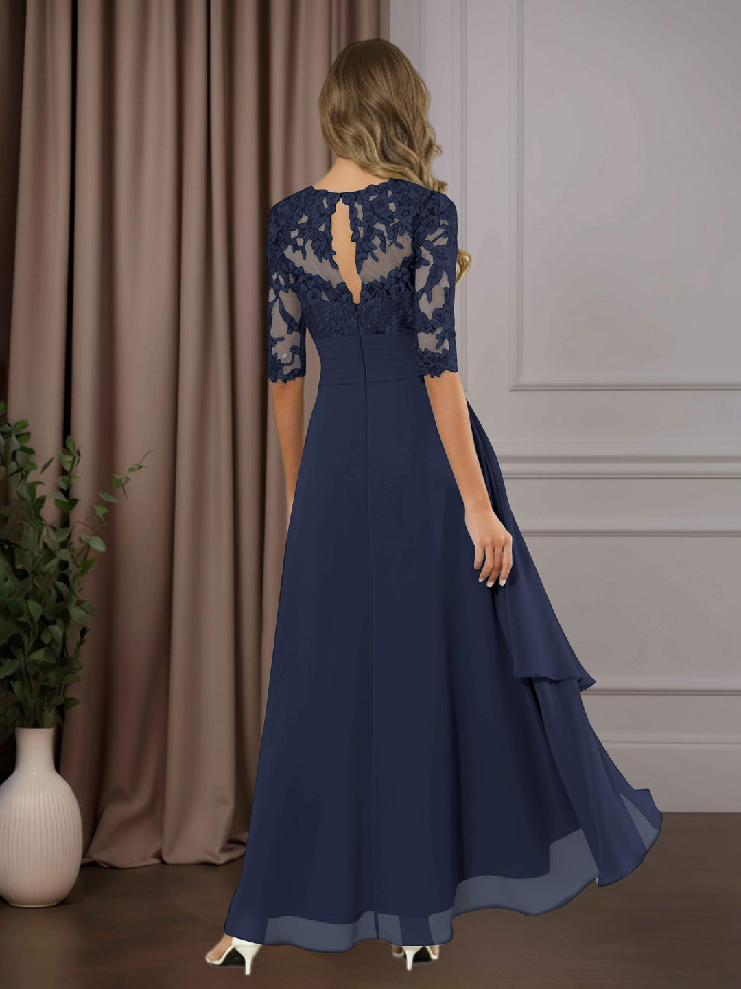 Chiffon Lace Midi Dress - Mother of the Bride Half Sleeve A-Line