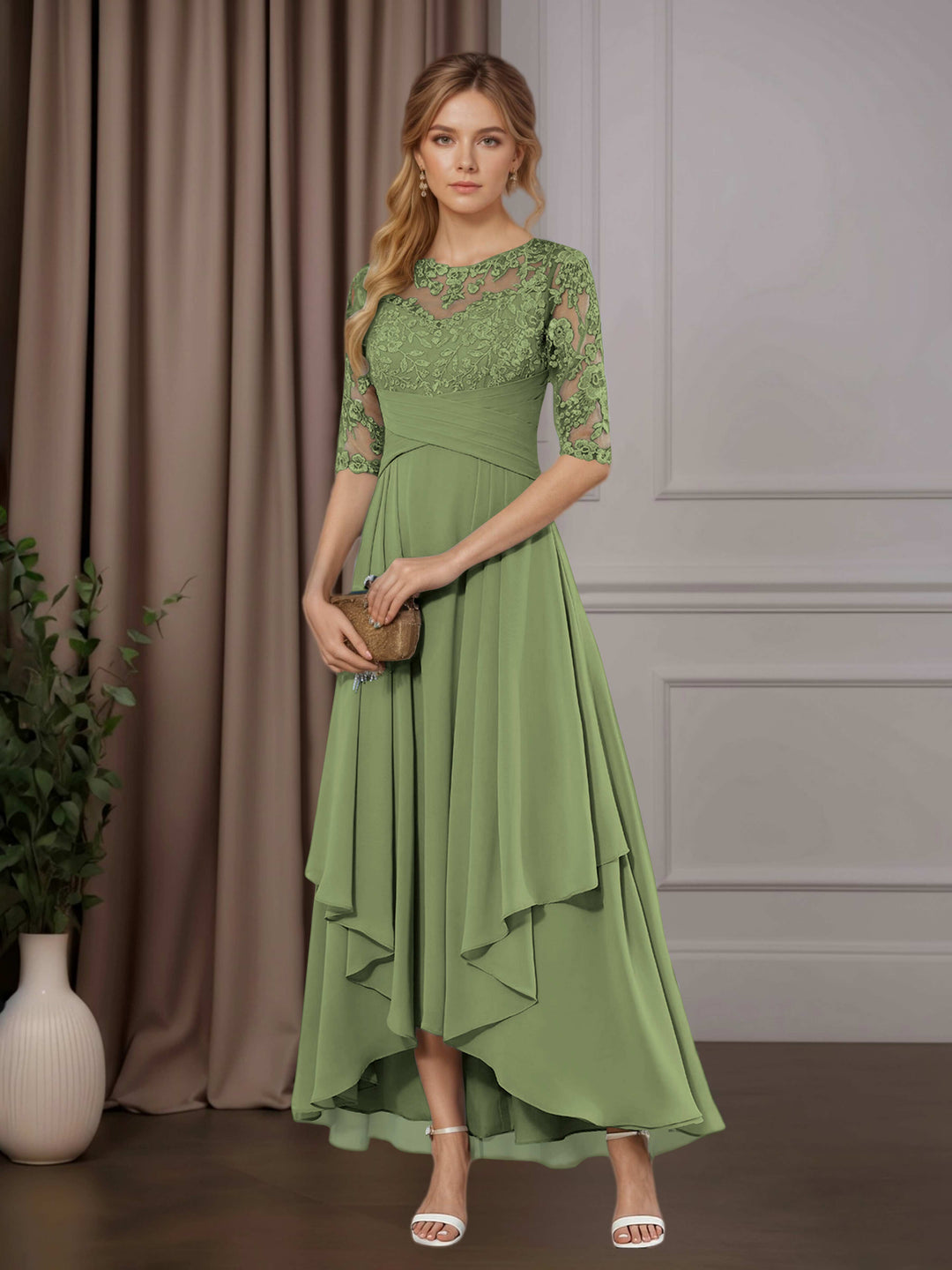 Chiffon Lace Midi Dress - Mother of the Bride Half Sleeve A-Line