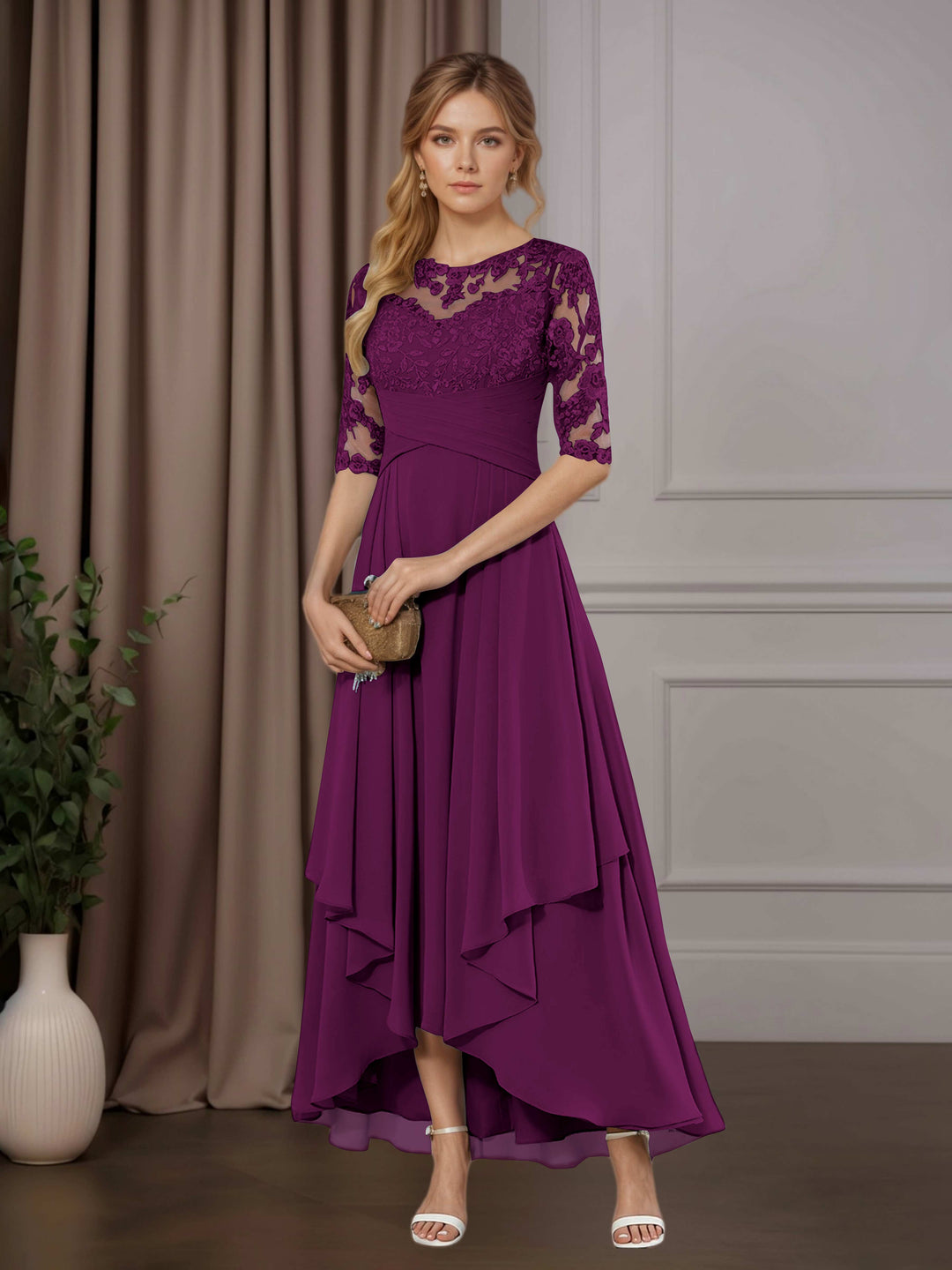 Chiffon Lace Midi Dress - Mother of the Bride Half Sleeve A-Line