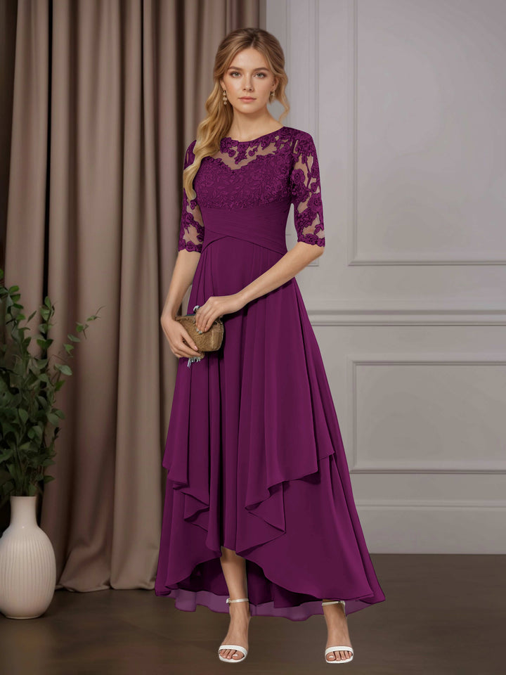 Chiffon Lace Midi Dress - Mother of the Bride Half Sleeve A-Line
