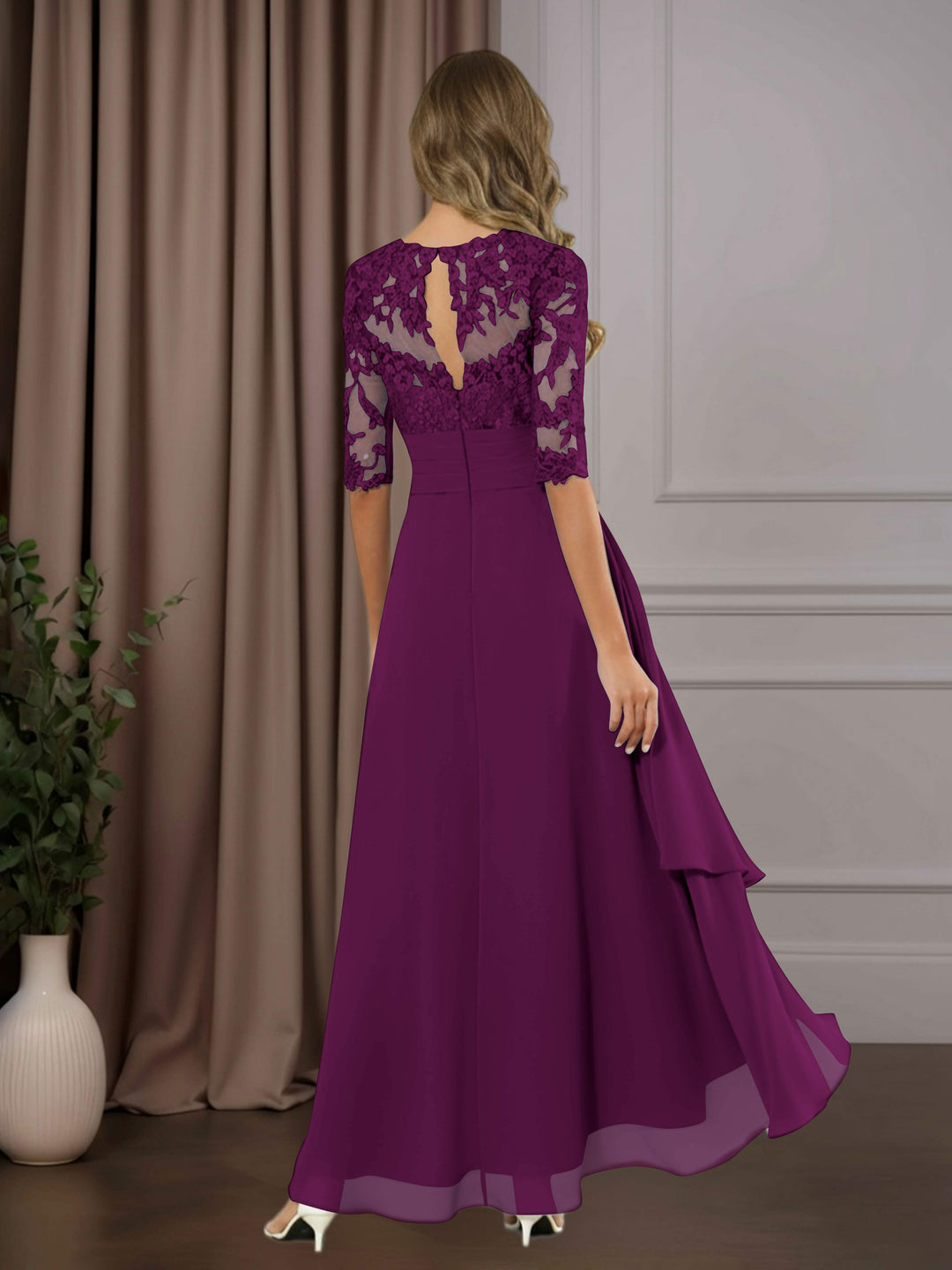 Chiffon Lace Midi Dress - Mother of the Bride Half Sleeve A-Line