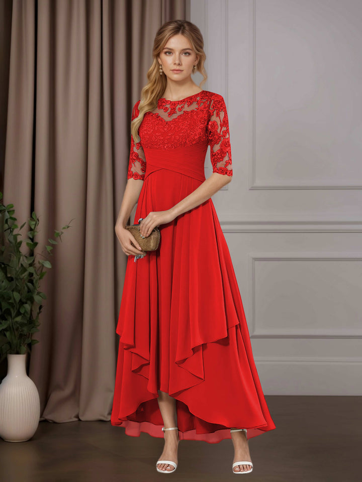 Chiffon Lace Midi Dress - Mother of the Bride Half Sleeve A-Line