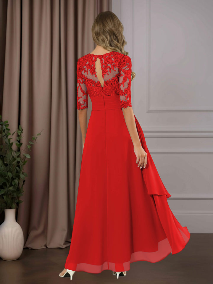 Chiffon Lace Midi Dress - Mother of the Bride Half Sleeve A-Line