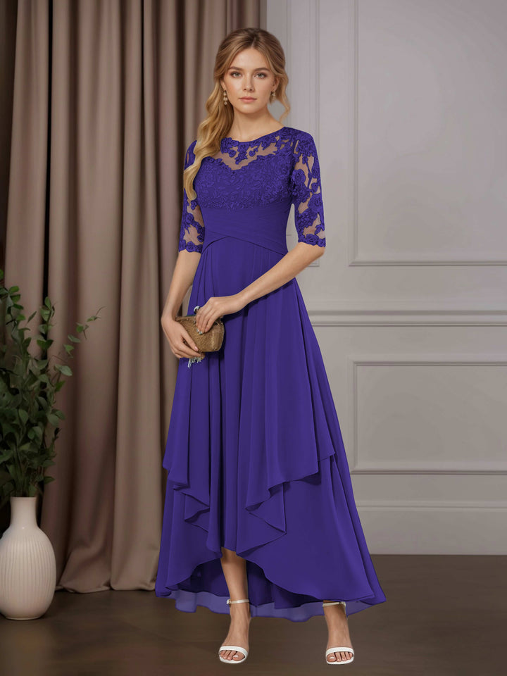 Chiffon Lace Midi Dress - Mother of the Bride Half Sleeve A-Line