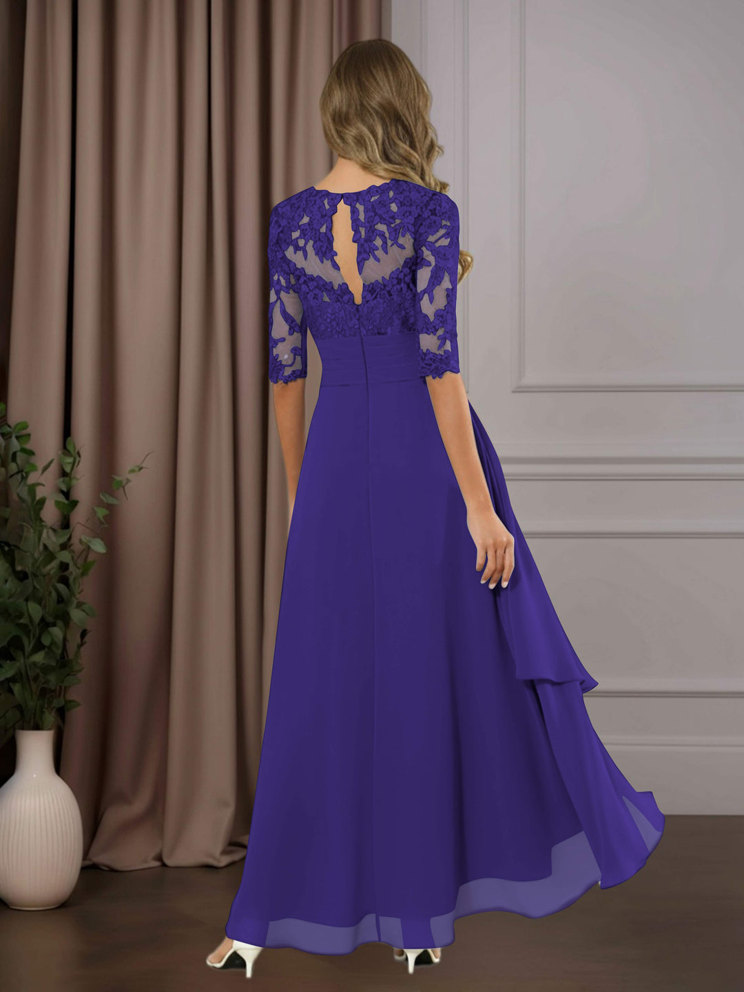 Chiffon Lace Midi Dress - Mother of the Bride Half Sleeve A-Line