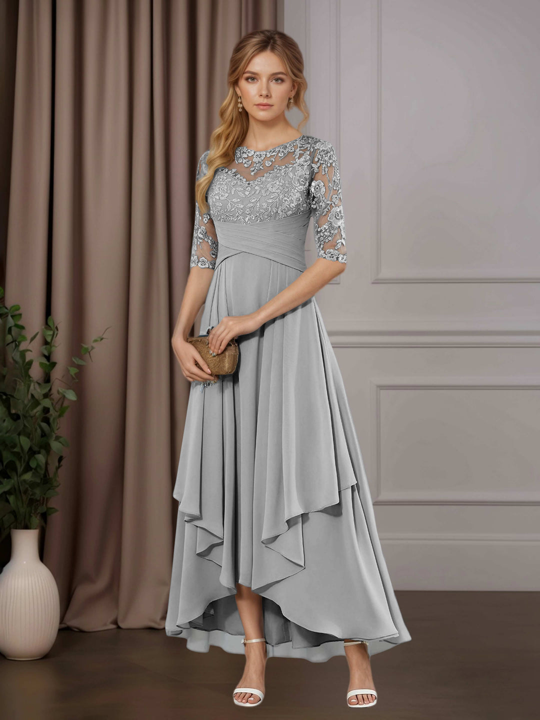 Chiffon Lace Midi Dress - Mother of the Bride Half Sleeve A-Line