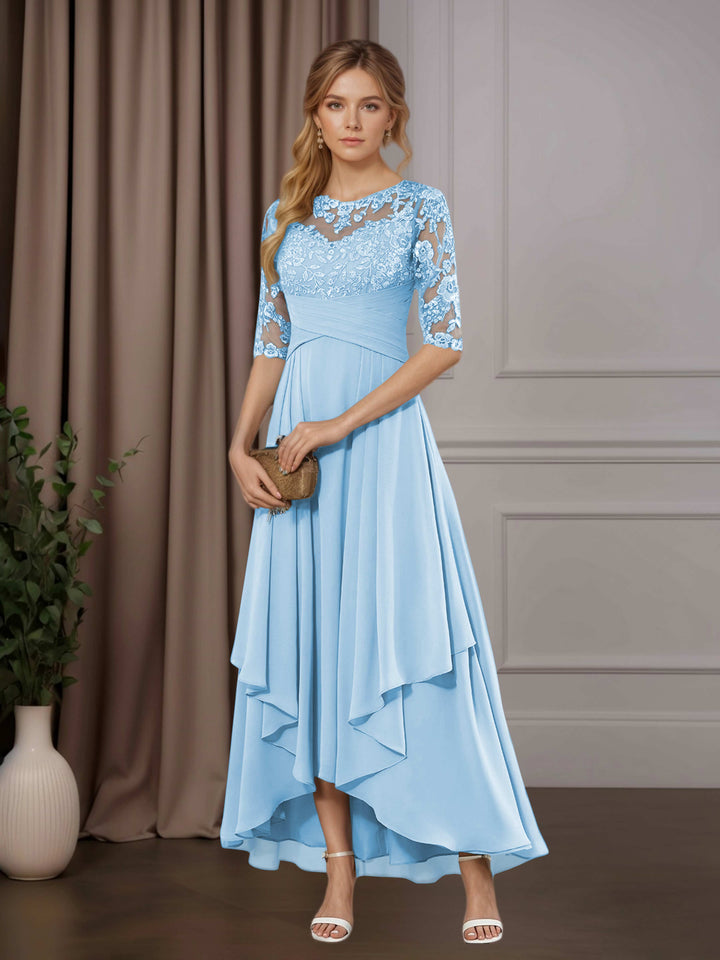 Chiffon Lace Midi Dress - Mother of the Bride Half Sleeve A-Line