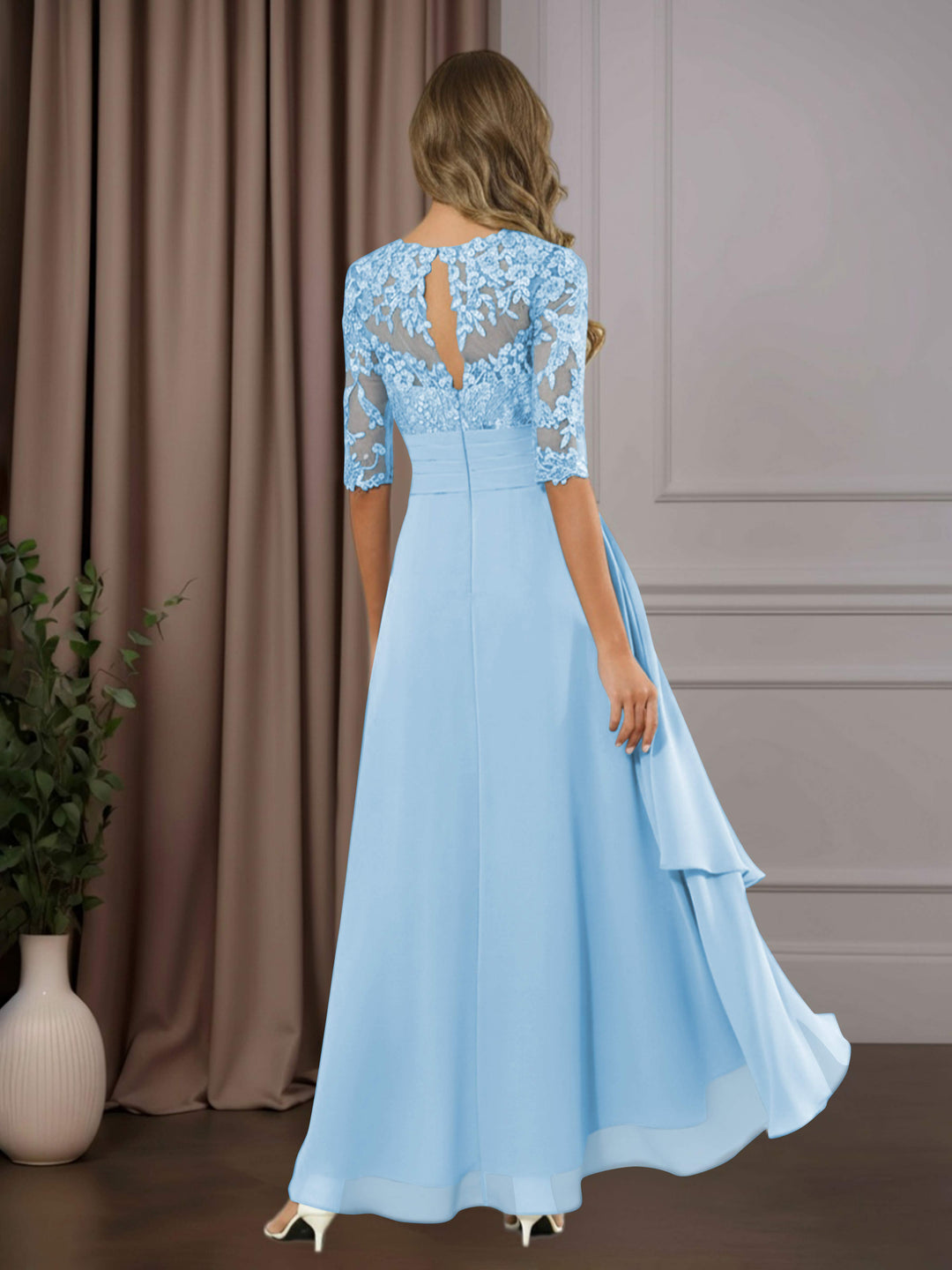Chiffon Lace Midi Dress - Mother of the Bride Half Sleeve A-Line