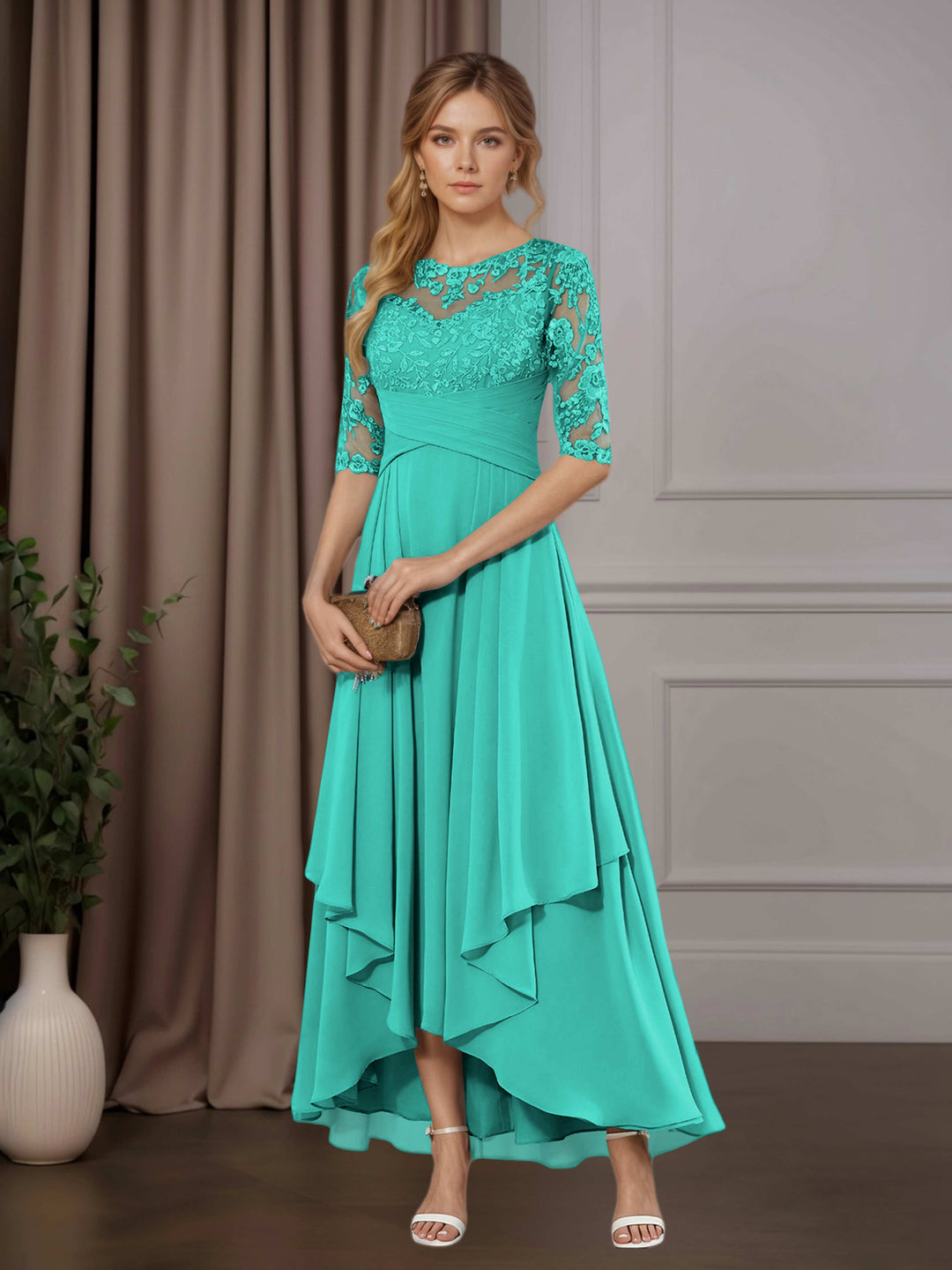 Chiffon Lace Midi Dress - Mother of the Bride Half Sleeve A-Line