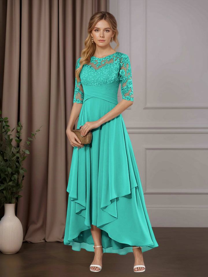 Chiffon Lace Midi Dress - Mother of the Bride Half Sleeve A-Line