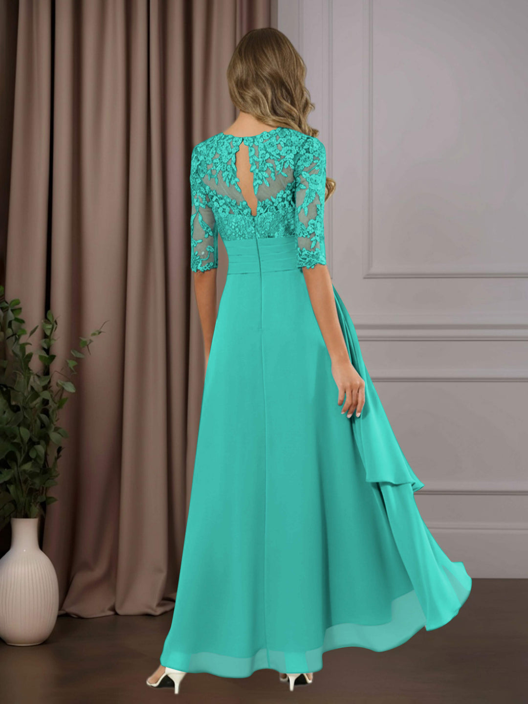 Chiffon Lace Midi Dress - Mother of the Bride Half Sleeve A-Line