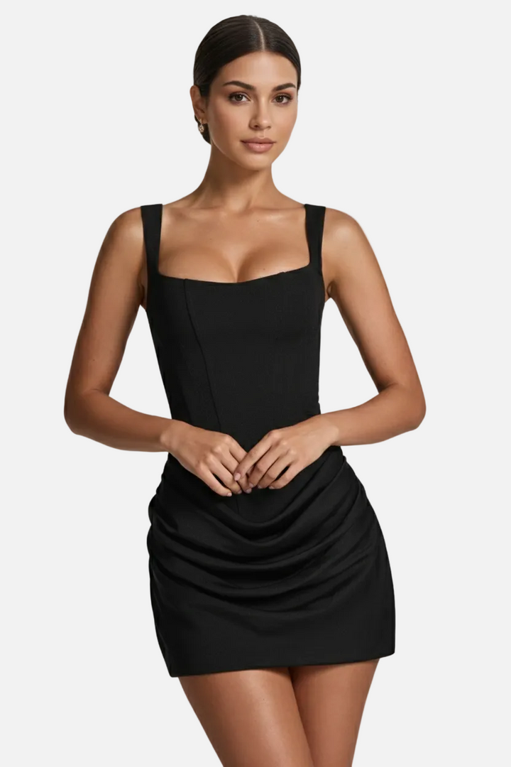 Corset Mini Dress Square Neck - Ruched Draped Skirt