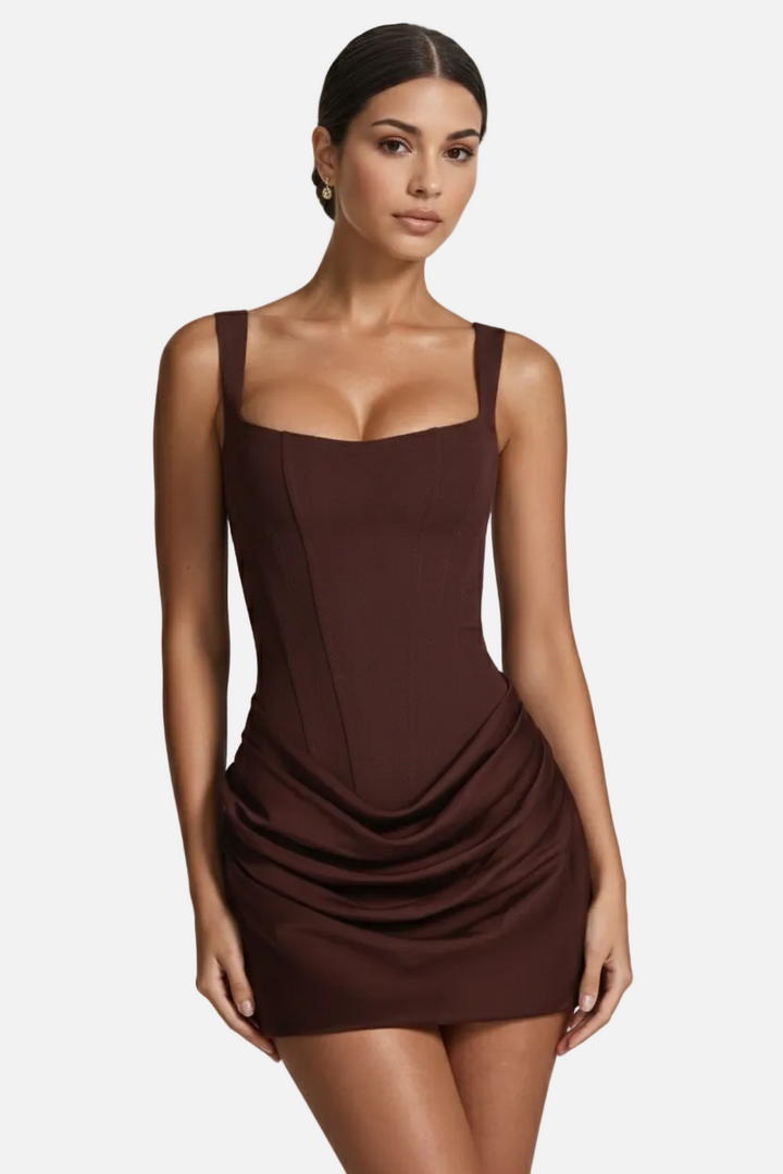Corset Mini Dress Square Neck - Ruched Draped Skirt