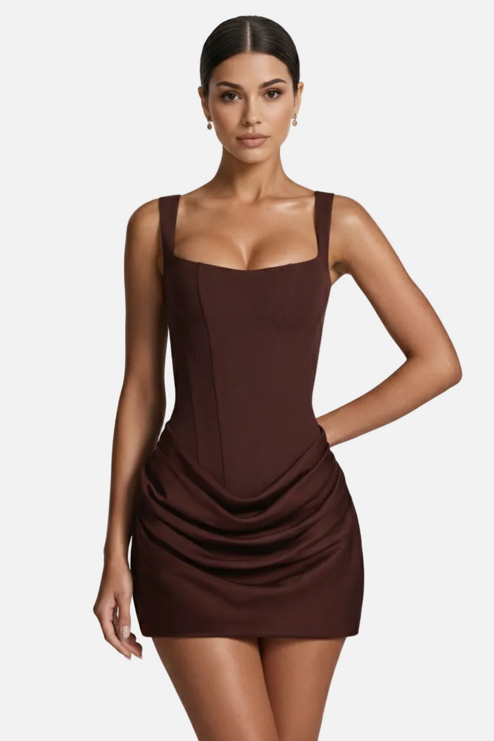 Corset Mini Dress Square Neck - Ruched Draped Skirt