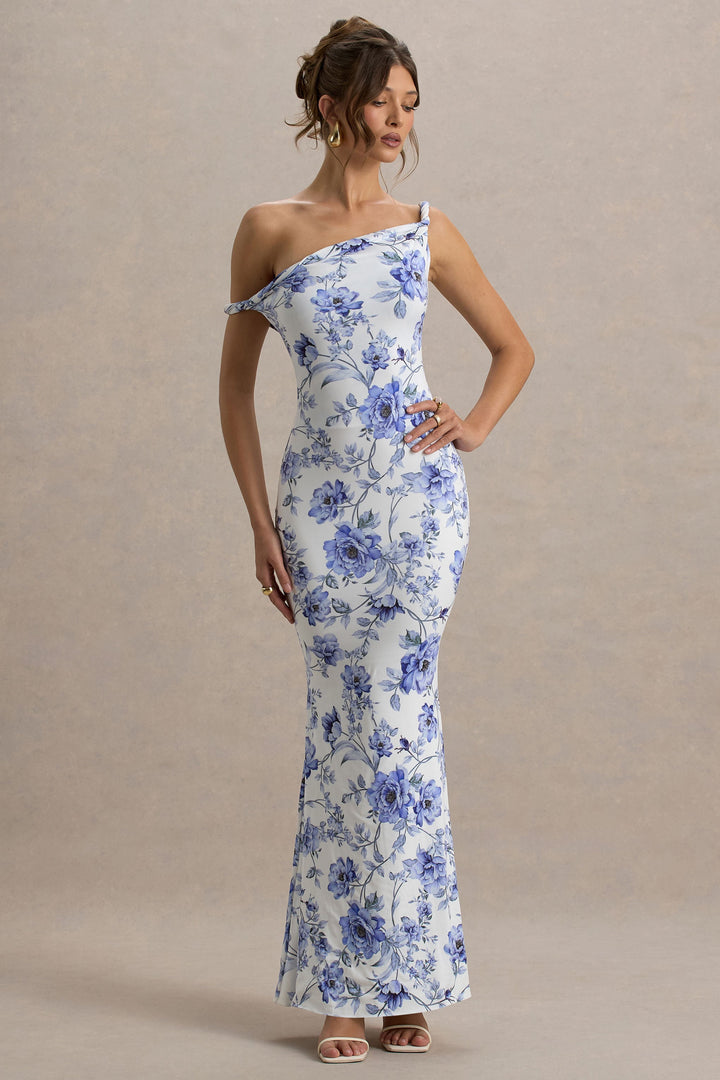 Women's Blue Floral Wedding Guest Dress – One Shoulder Maxi