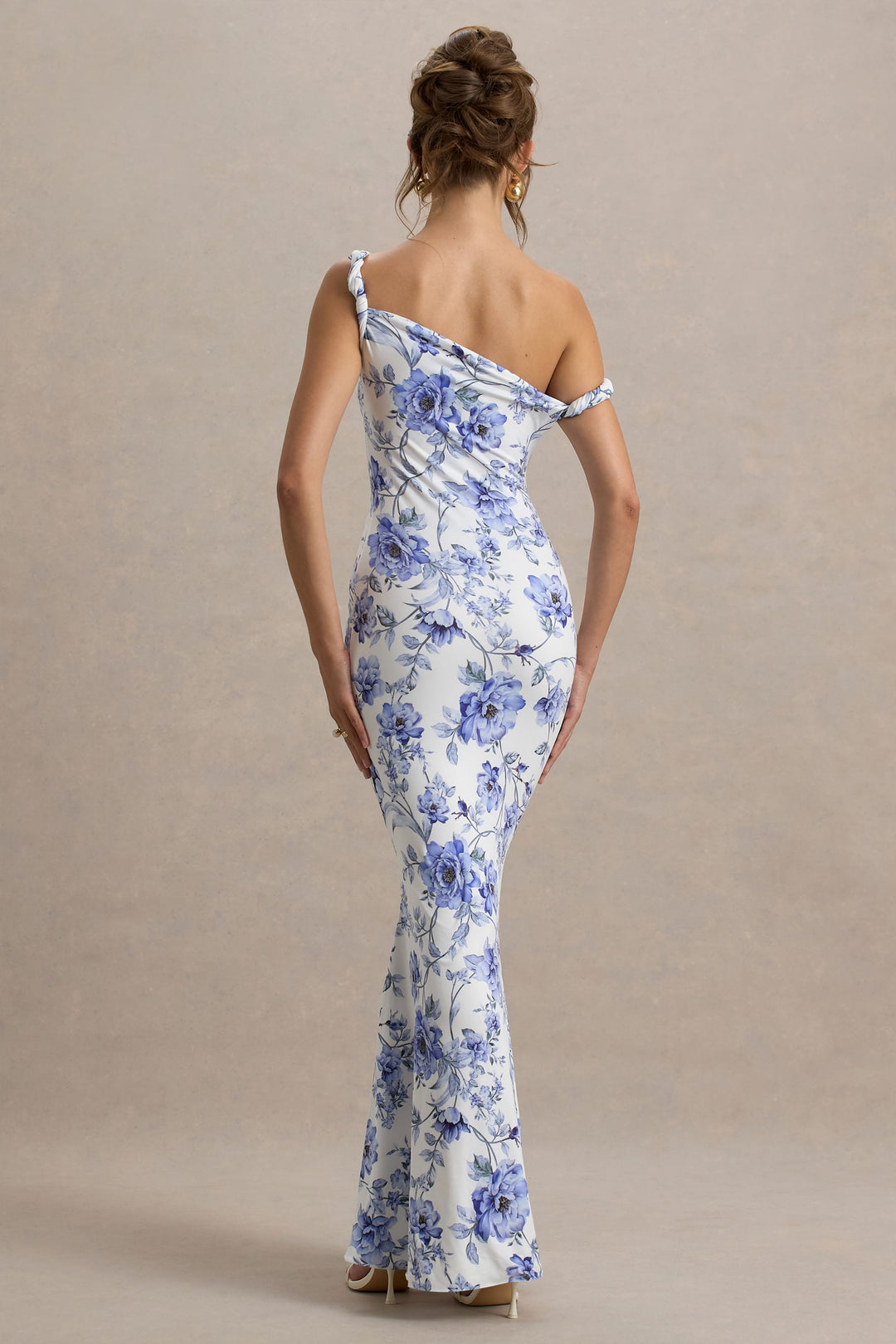 Women's Blue Floral Wedding Guest Dress – One Shoulder Maxi