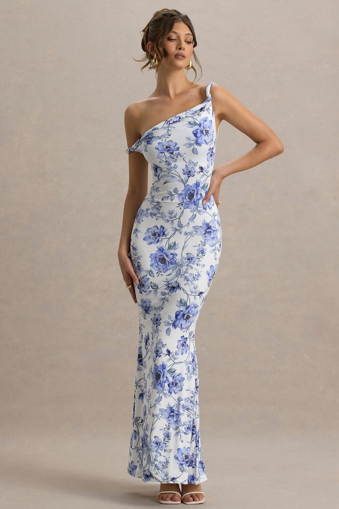 Women's Blue Floral Wedding Guest Dress – One Shoulder Maxi