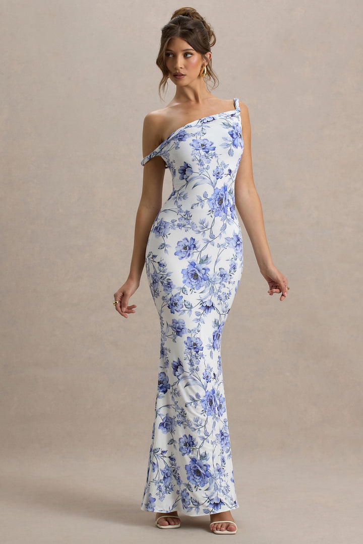 Women's Blue Floral Wedding Guest Dress – One Shoulder Maxi
