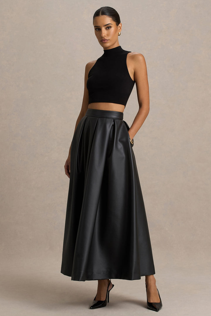 Faux Leather Midi Skirt Women - A-Line High Waist Pockets