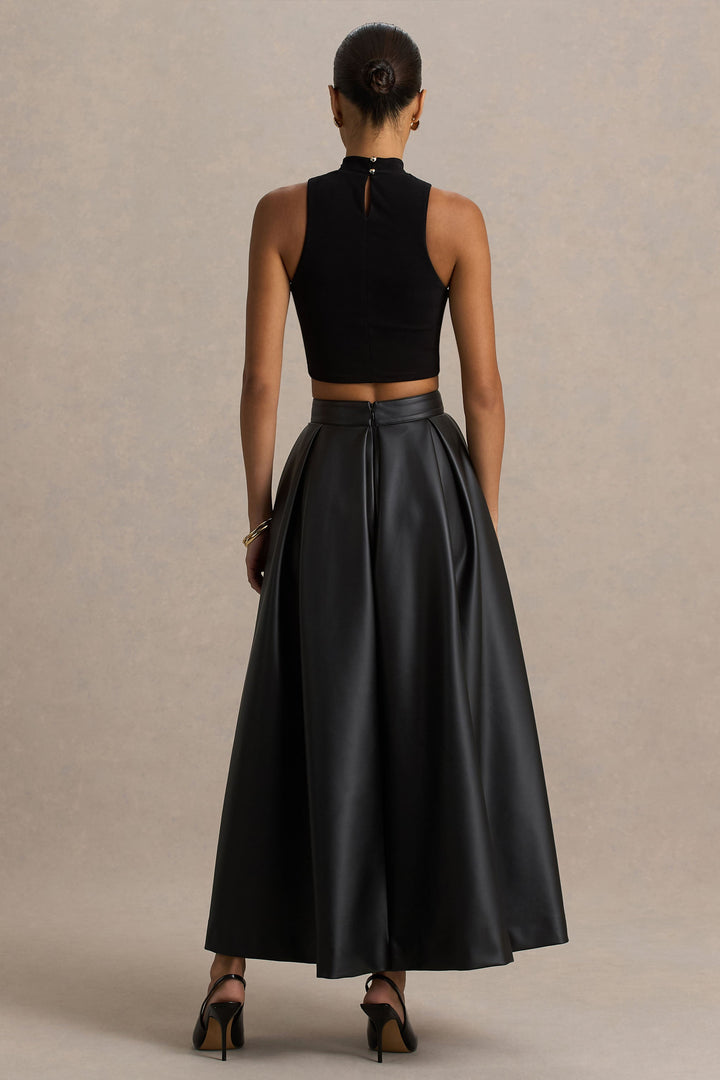Faux Leather Midi Skirt Women - A-Line High Waist Pockets