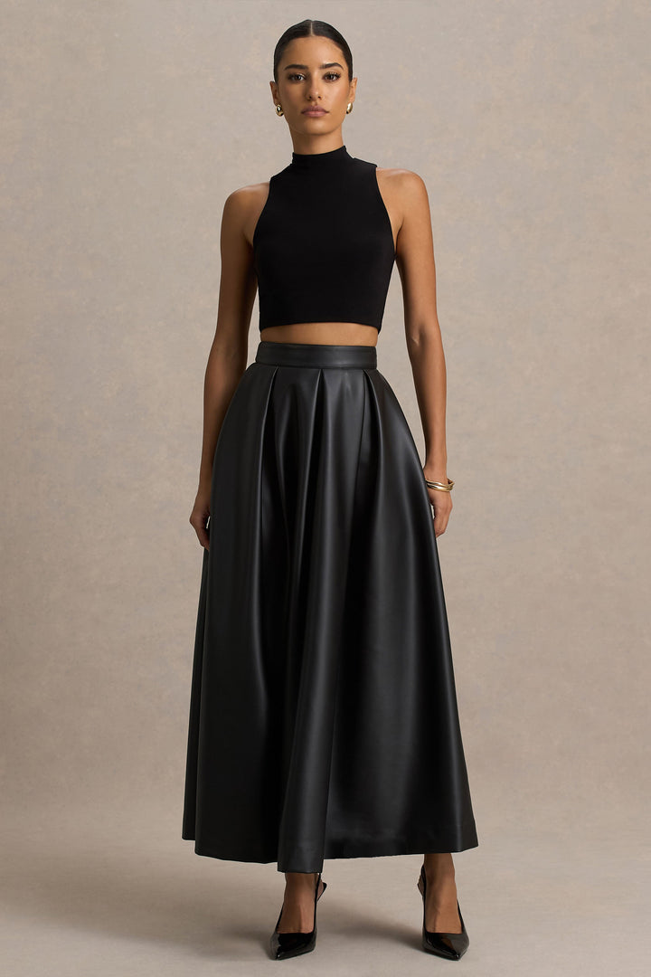 Faux Leather Midi Skirt Women - A-Line High Waist Pockets