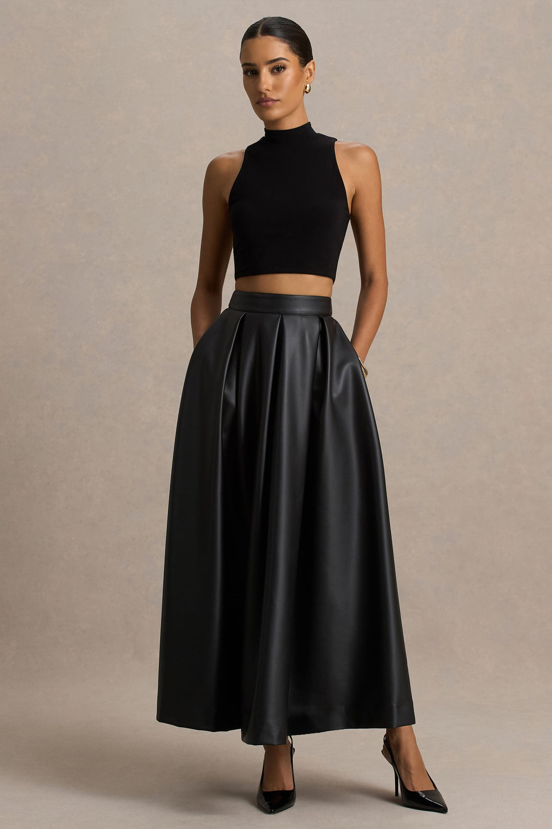 Faux Leather Midi Skirt Women - A-Line High Waist Pockets