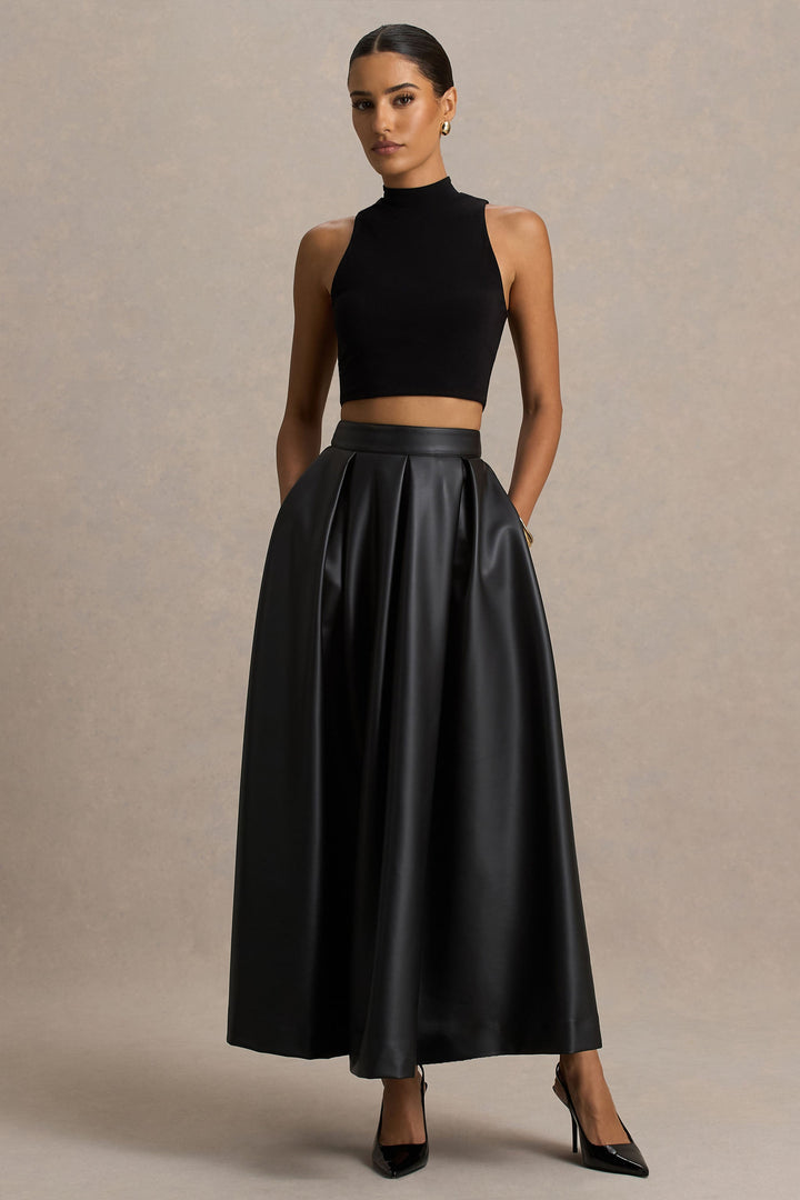 Faux Leather Midi Skirt Women - A-Line High Waist Pockets