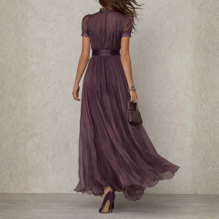 Chiffon Wedding Guest Maxi Dress - High Neck Keyhole Lace Trim