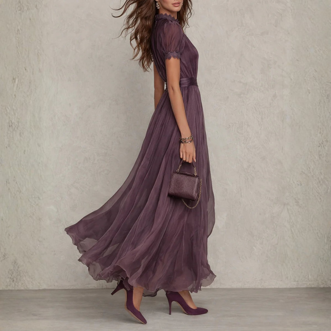 Chiffon Wedding Guest Maxi Dress - High Neck Keyhole Lace Trim