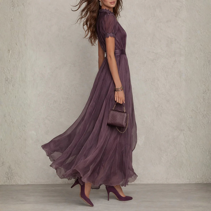Chiffon Wedding Guest Maxi Dress - High Neck Keyhole Lace Trim