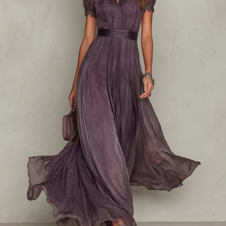 Chiffon Wedding Guest Maxi Dress - High Neck Keyhole Lace Trim