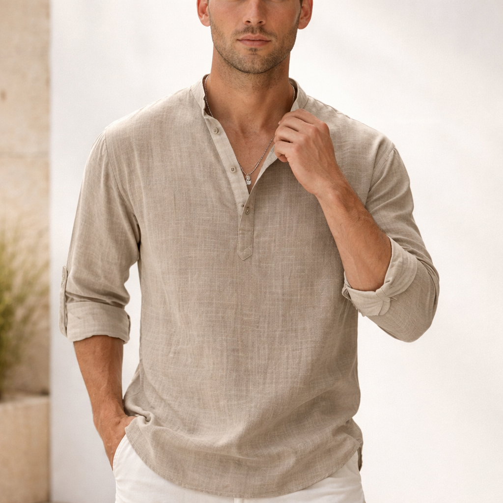 Men's Linen Henley Shirt - Slim Fit