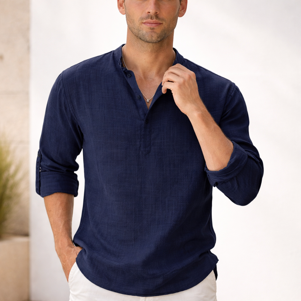 Men's Linen Henley Shirt - Slim Fit