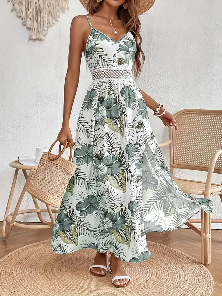 Chiffon Maxi Dress Spaghetti Strap - Tropical Print Crochet