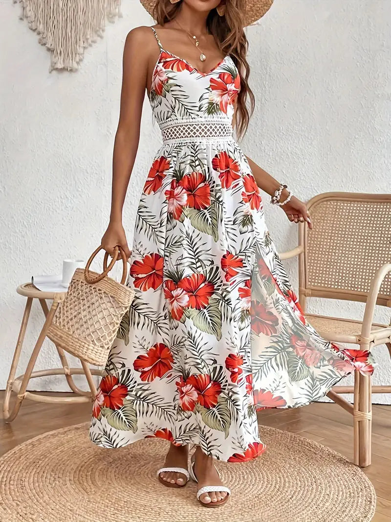 Chiffon Maxi Dress Spaghetti Strap - Tropical Print Crochet