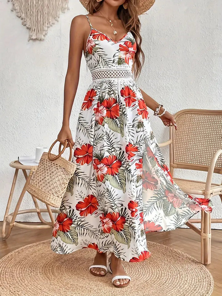 Chiffon Maxi Dress Spaghetti Strap - Tropical Print Crochet