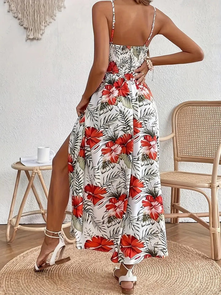 Chiffon Maxi Dress Spaghetti Strap - Tropical Print Crochet