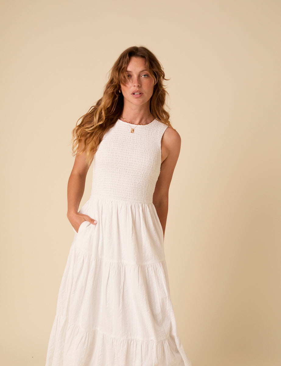 Smocked Cotton Midi Dress - Tiered A-Line Summer Party