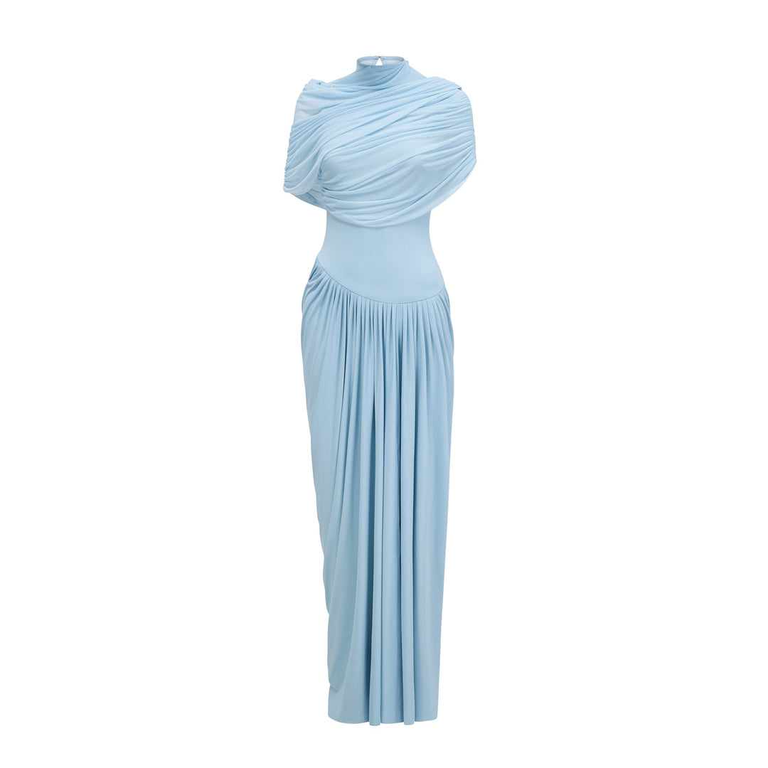 Women's Blue Asymmetric Maxi Dress – Pleated Draped Wedding Guest