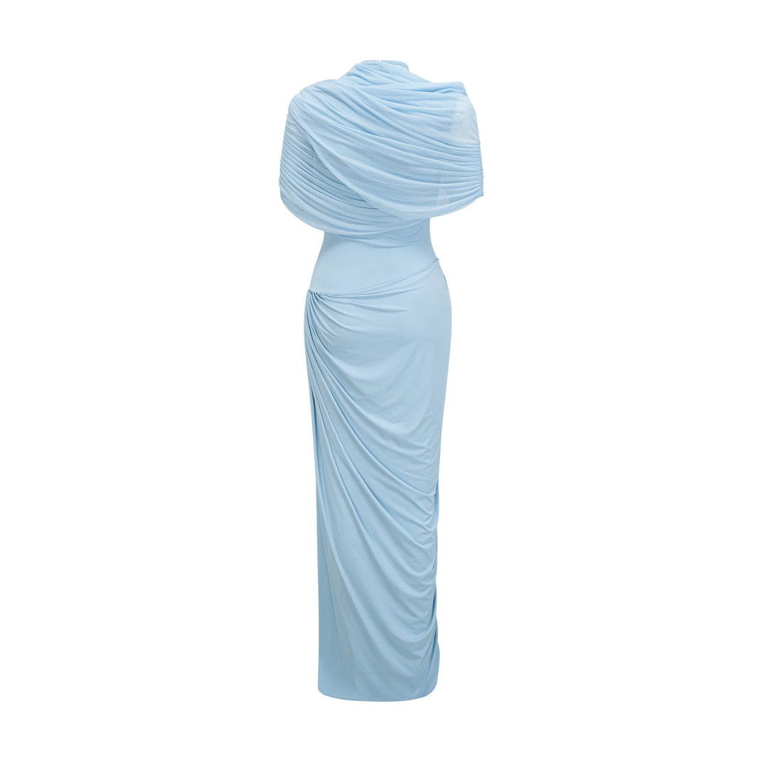 Women's Blue Asymmetric Maxi Dress – Pleated Draped Wedding Guest