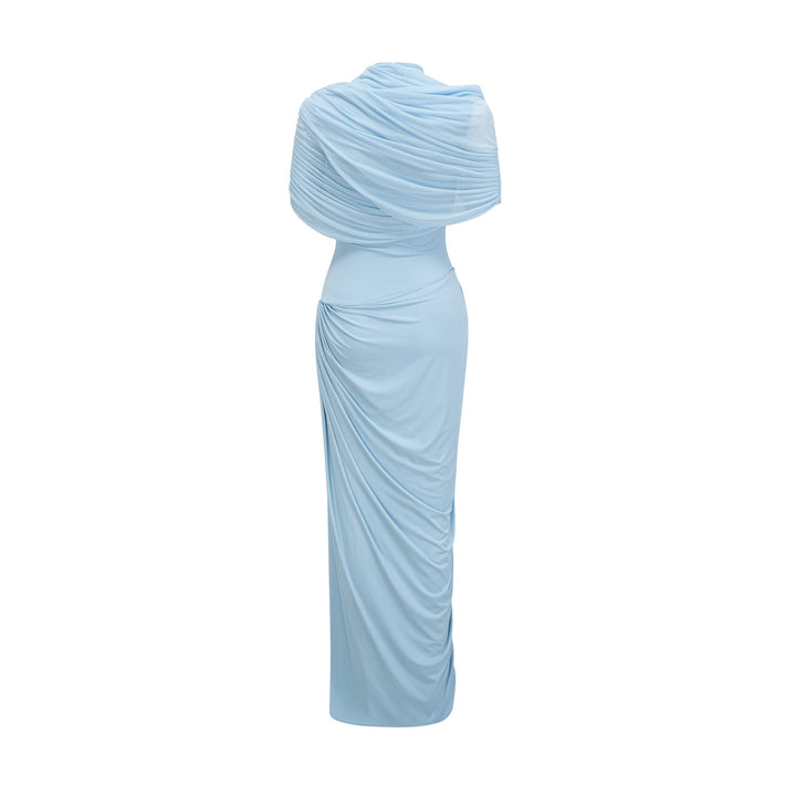 Women's Blue Asymmetric Maxi Dress – Pleated Draped Wedding Guest