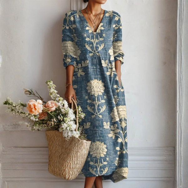 Linen Maxi Dress Floral Print - V-Neck Long Sleeve Garden Party