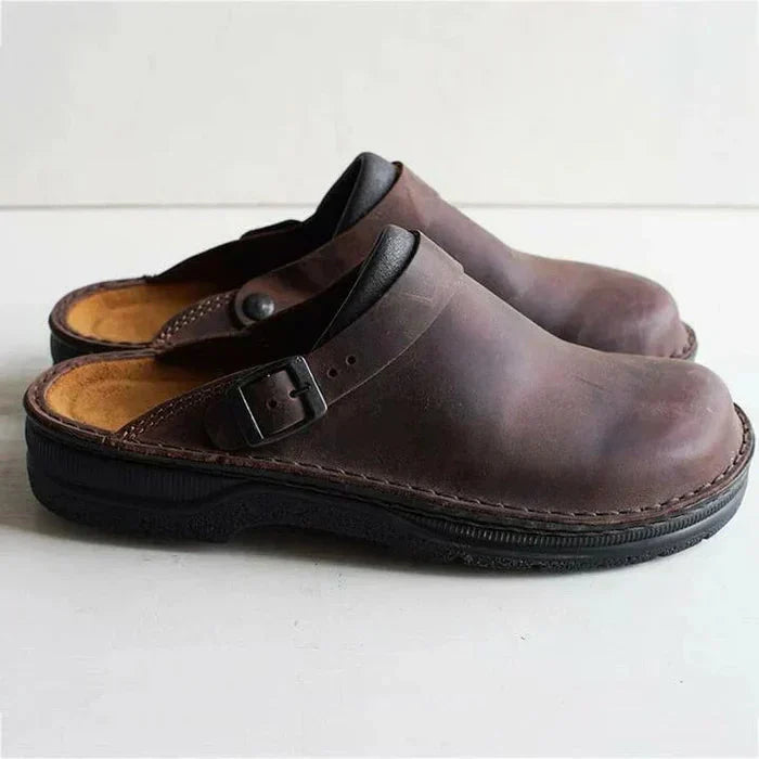 Orthopaedic Leather Clog Men - Arch Support Wide Fit Buckle