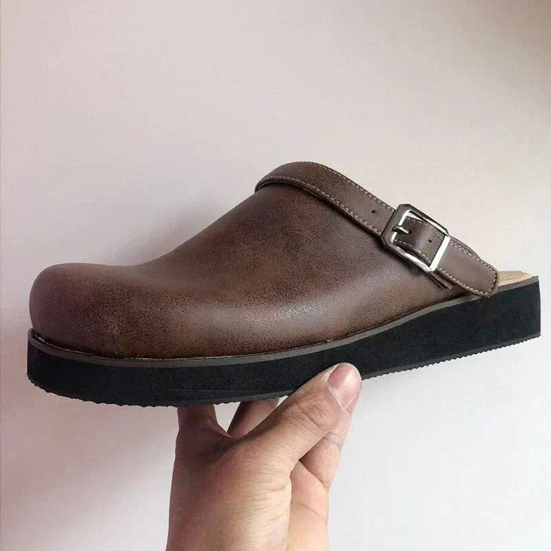 Orthopaedic Leather Clog Men - Arch Support Wide Fit Buckle