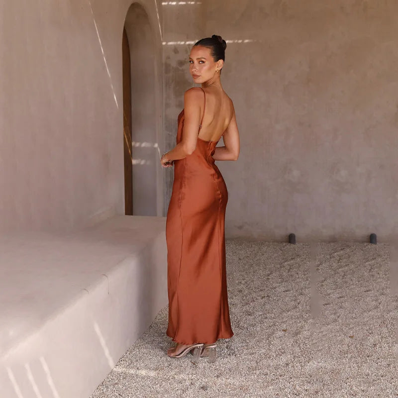 Wedding Guest Satin Maxi Dress - Open Back Garden Party Dress