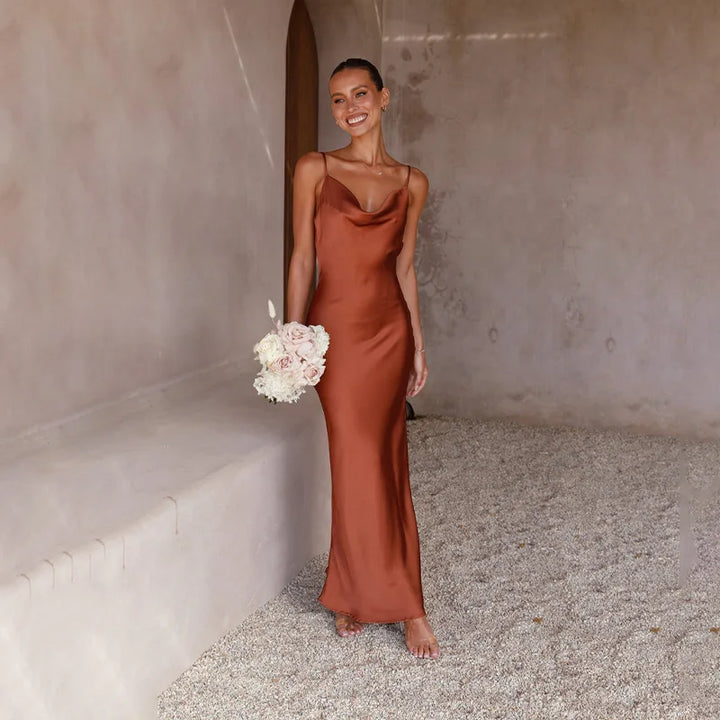 Wedding Guest Satin Maxi Dress - Open Back Garden Party Dress