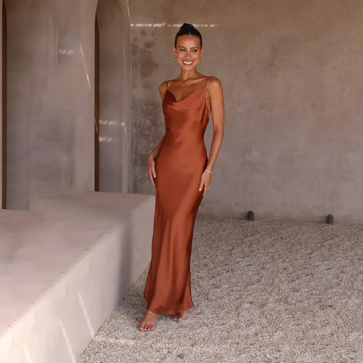 Wedding Guest Satin Maxi Dress - Open Back Garden Party Dress